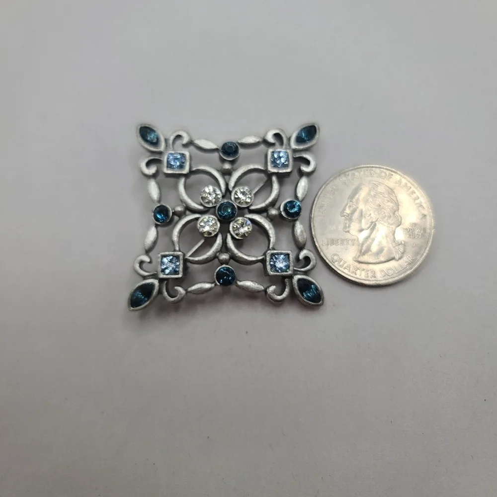 Vintage Lia Signed Silver Tone Blue Teal Stone Brooch Pin - Picture 3 of 3
